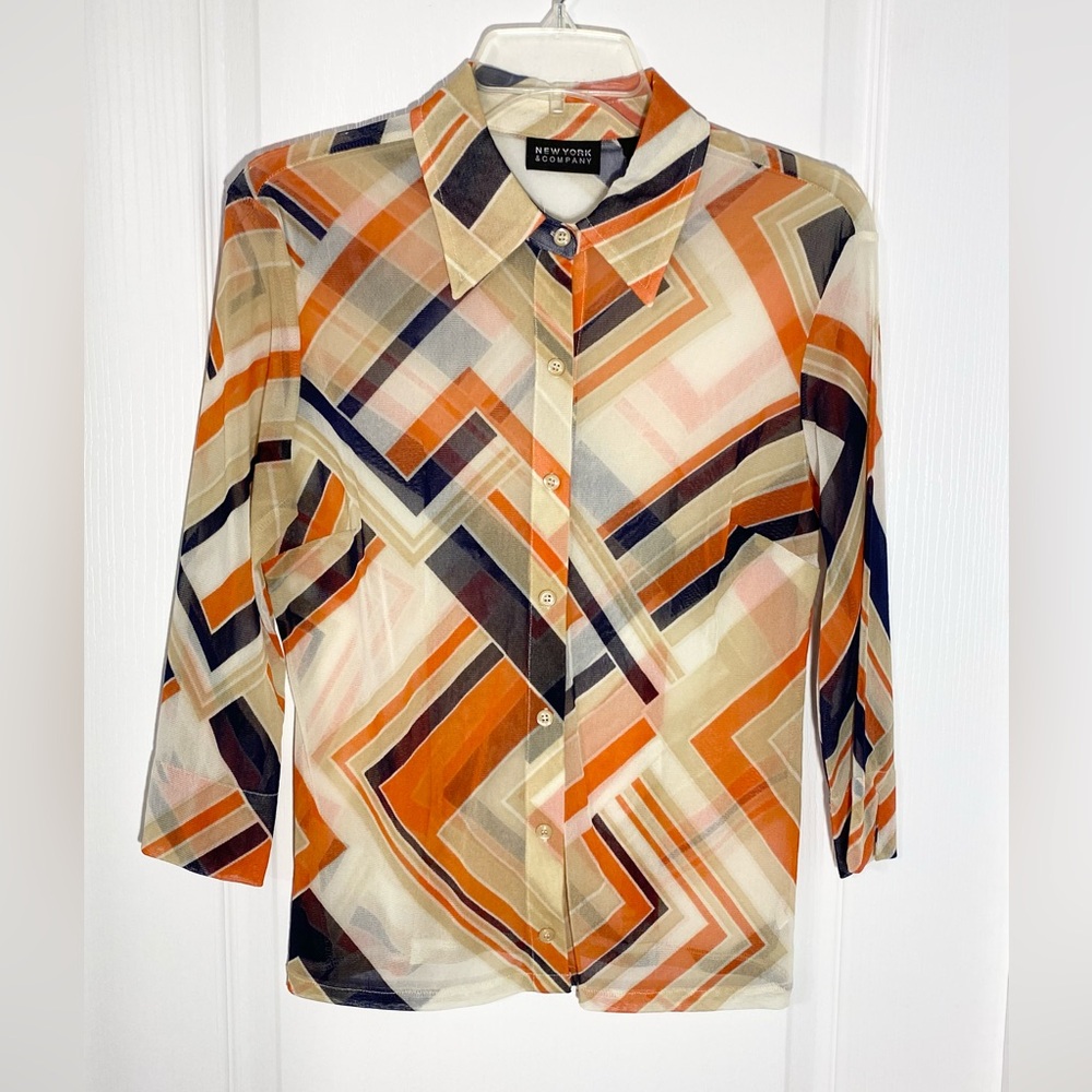 Y2K VTG NY&CO Mesh Geometric Print 3/4 Sleeve Button Front Blouse Size Medium